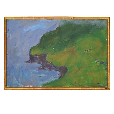 Sven Havsteen-Mikkelsen painting, Faroe Islands. 
Sven Havsteen-Mikkelsen, 1912-99, oil on canvas. 
Signed. Visible size: 50x72cm. With frame: 55x77cm