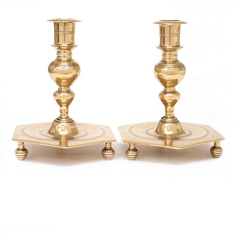 Pair of large Danish Baroque brass "Castle" 
candlesticks. Denmark circa 1750. H: 23cm