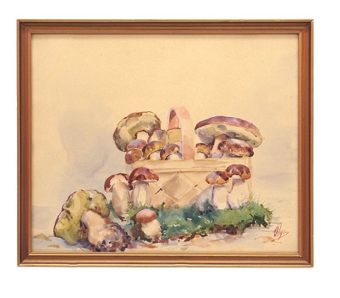 Grand Duchess Olga Alexandrovna of Russia: 
Stilleben with mushrooms. Watercolour. Signed. 
Circa 1930. Visible size: 33x40cm. With frame: 
37x44cm