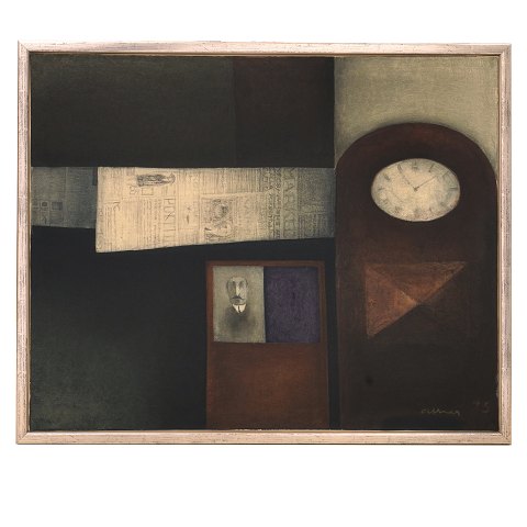 Albert Bertelsen, 1921-2019, Öl auf Leinen. 
"Stilleben mit Uhr". Signiert und datiert 1973. 
Lichtmasse: 81x100cm. Mit Rahmen: 87x106cm