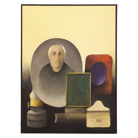 Albert Bertelsen, 1921-2019, oil on canvas. 
"Antiques". Signed and dated 2017. Visible size: 
93x70cm. With frame: 96x73cm