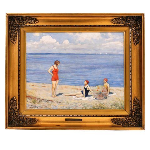 Paul Fischer, Denmark, 1860-1934, oil on canvas. 
Three women at the beach. Signed Paul Fischer. 
Visible size: 31x38cm. With frame: 46x53cm