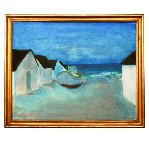 Jens Søndergaard, 1895-1957, olie på lærred. Både 
på strand. Signeret Jens Søndergaard. Lysmål: 
78x99cm. Med ramme: 92x112cm