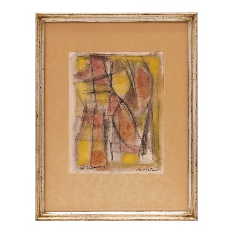 Bernard Dufour, 1922-2016, komposition, mixed 
media på papir. Signeret og dateret 1950. Lysmål: 
17x13cm. Med ramme: 29x22cm