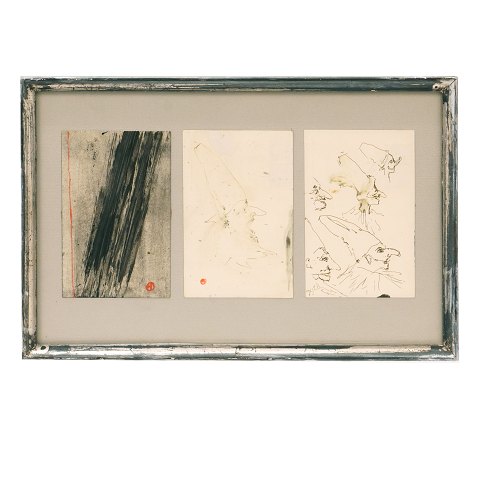 Preben Hornung, 1919-89, drei signierte Potkarten, 
mixed media. Lichtmasse: 3x15x9cm. Mit Rahmen: 
25x38cm
