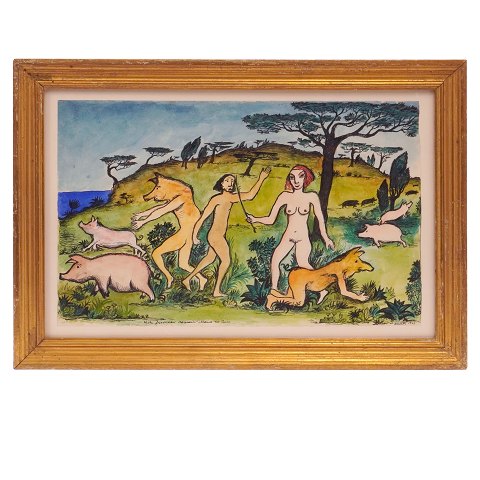Hans Scherfig akvarel. Hans Scherfig, 1905-79, 
mixed median, akvarel og blæk. "Kirke forvandler 
Odysseus' Mønd til Svin". Signeret og dateret 
1943. Lysmål: 21x33,5cm. Med ramme: 28,5x41cm