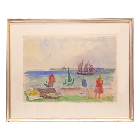 Jens Søndergaard, 1895-1957, Aquarell mit 
Fördepartie. Signiert und datiert 1945. 
Lichtmasse: 44x62cm. Mit Rahmen: 68x84cm