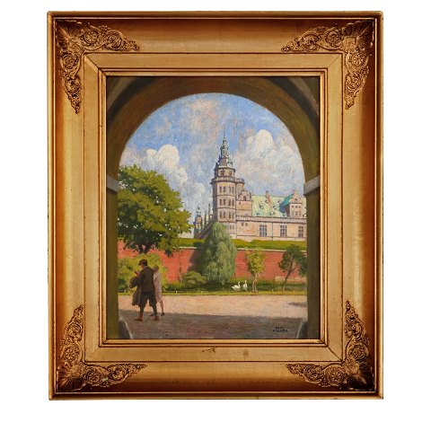 Paul Fischer maleri. Paul Fischer, 1860-1934, olie 
på plade. Parti fra Rosenborg Slot med svaner og 
par. Signeret Paul Fischer. Lysmål: 38x31cm. Med 
ramme: 55x48cm