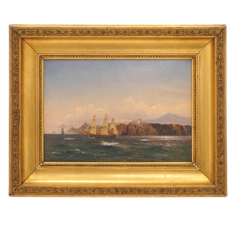 C. F. Sørensen Maleri.
Carl Frederik Sørensen, 1818-79, olie på plade. 
Marinemotiv. Signeret og dateret 5. juni 1845. 
Lysmål: 23x33cm. Med ramme. 29x39cm
