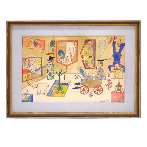 Storm P. akvarel. Robert Storm Petersen, 
1882-1949, akvarel med temaet kunstudstilling. 
Signeret "Storm P." Lysmål: 30x47cm. Med ramme: 
44x59cm