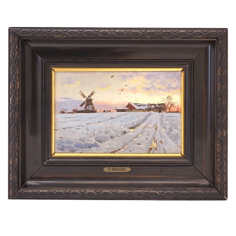 Peder Mønsted, 1959-1941, oil on canvas. Winter landscape. Signed and dated 1911. Visible size: 15x22cm. With frame: 31x38cm
