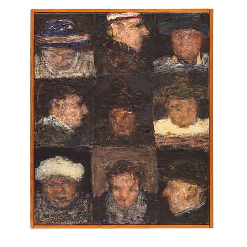 Peter Martensen, b. 1953, oil on canvas. "9 clowns" signed and dated 1978. Visible size: 55x45cm. With frame: 57x47cm