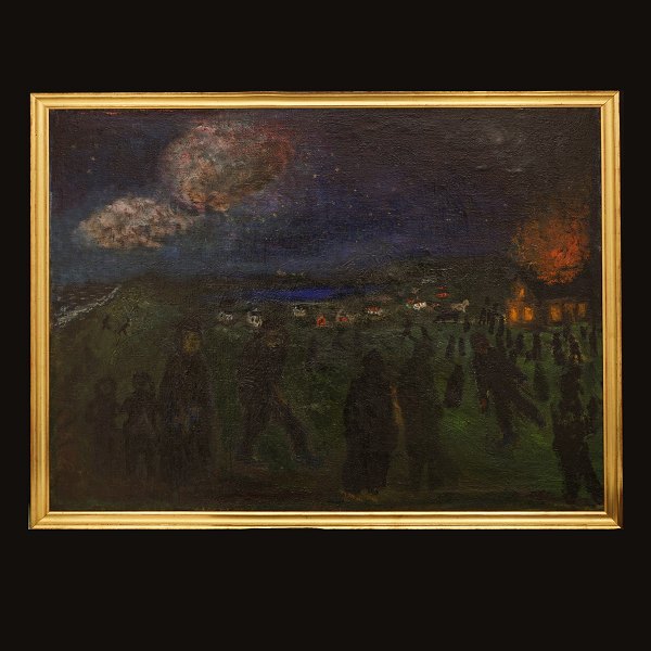 Jens Søndergaard: "Burning House", Signed and dated 1931. Visible size: 
96x122cm. With frame: 102x128cm
