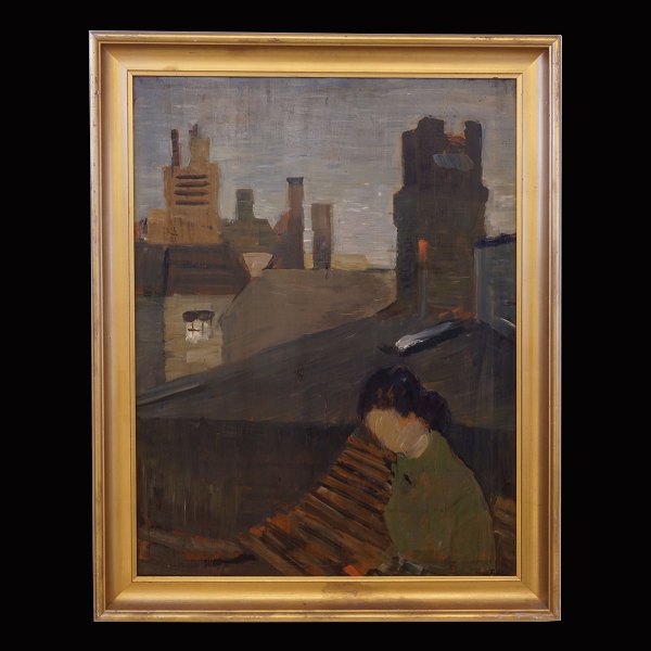 Carl Fischer, 1887-1962, olie på plade: Kvinde og hustage. Olie på plade. Signeret. Lysmål: 73x55cm. Med ramme: 84x66cm