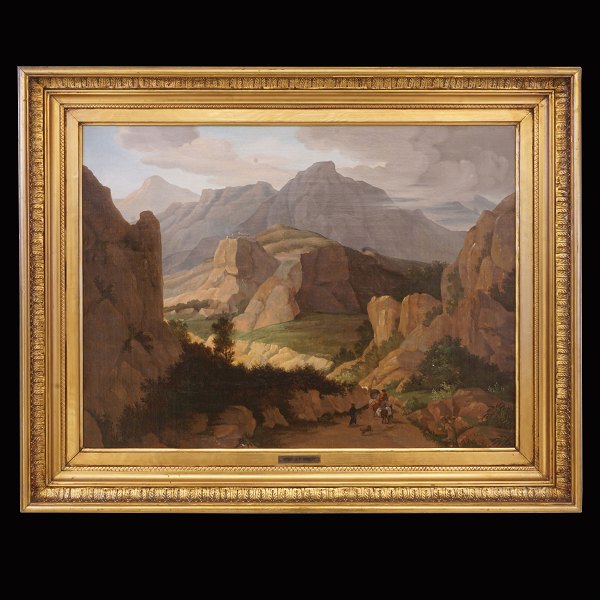 Jens Peter Møller, 1783-1854: Bjerglandskab med personer, olie på lærred. Signeret. Lysmål: 48x63cm. Med ramme: 64x79cm