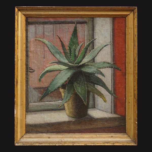Lauritz Jørgensen, 1888-1953, olie på plade: Stilleben med kaktus. Signeret og dateret 1920. Udstillet 1920. Lysmål: 47x42cm. Med ramme: 55x50cm