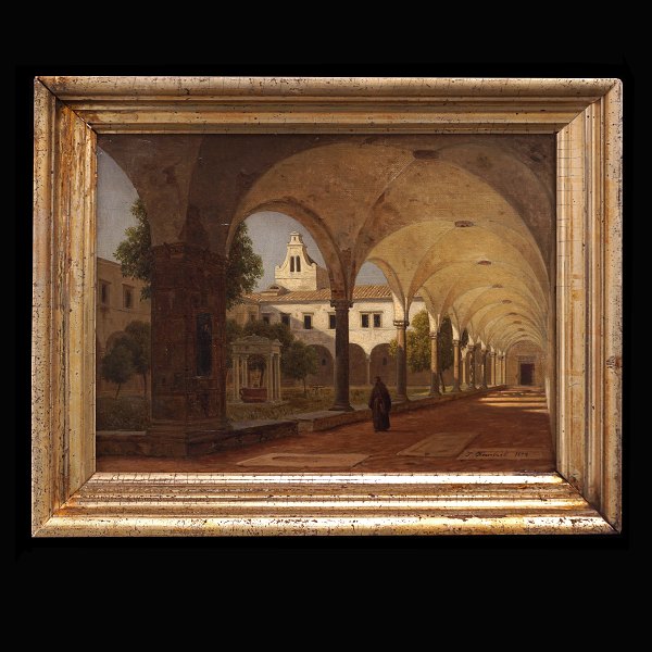 Peter Kornbeck, 1837-94, oil on canvas. View from Italy. Signed and dated 1874. Visible size: 26x33cm. With frame: 41x48cm