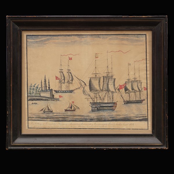 P. Rose, Marinebillede, akvarel, forestillende orlogsskibet "Dronning Marie", Korvetten "Najaden" og Briggen "Allart". Signeret og dateret 1834. Lysmål: 45x55cm. Med ramme: 60x70cm