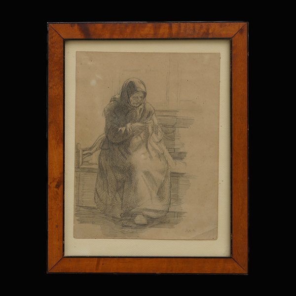 Michael Ancher tegning. Michael Ancher, 1849-1927, blyantstegning. Signeret. Lysmål: 25x20cm med ramme: 34x27,5cm