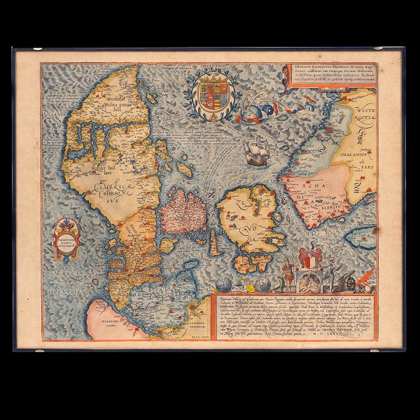 Marcus Jordans Danmarkskort, kobberstukket og koloreret. Bestilt af grev H. Rantzau og udfærdiget 1585. Ældst kendte generalkort over Danmark. Mål: 41x54cm