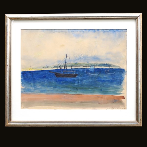 Jens Søndergaard Akvarel. Jens Søndergaard, 1895-1957, akvarel. Motiv i form skibe på hav. Signeret og dateret 1950. Lysmål: 40x52cm. Med ramme: 56x68cm