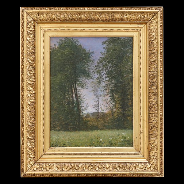 C. F. Aagaard maleri. C. F. Aagaard, 1833-95, olie på lærred. Skovparti med lysning. Signeret C. F. Aagaard. Lysmål: 37x28cm. Med ramme: 57x48cm