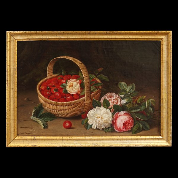 Stilleben med blomster og jordbær i kurv. Olie på lærred. Signeret Emma Rønsholdt senere Emma Mulvad, 1838-1903. Lysmål: 29x42cm. Med ramme: 35x48cm
