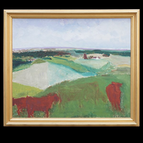 Jens Søndergaard maleri. Jens Søndergaard, 1895-1957, olie på lærred. Landskab med køer. Signeret. Lysmål: 80x94cm. Med ramme: 95x109cm