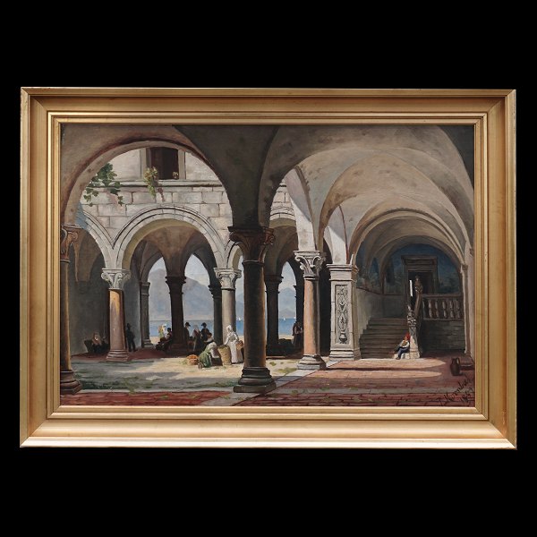 Peter Kornbeck maleri. Peter Kornbeck, 1837-94, olie på lærred. Parti fra Italien. Signeret og dateret 1887. Lysmål: 45x66cm. Med ramme: 57x78cm