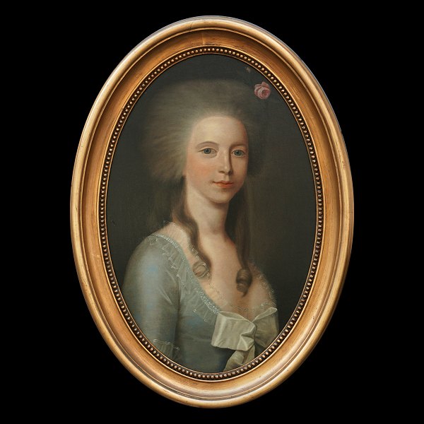 Jens Juel, 1745-1802, kreds, olie på lærred monteret på træ. Portræt forestillende Margaretha Moltke, f. Løvenskjold, 1772-1808, gift med greve Frederik Moltke. Lysmål: 62x40cm. Med ramme: 77x55cm