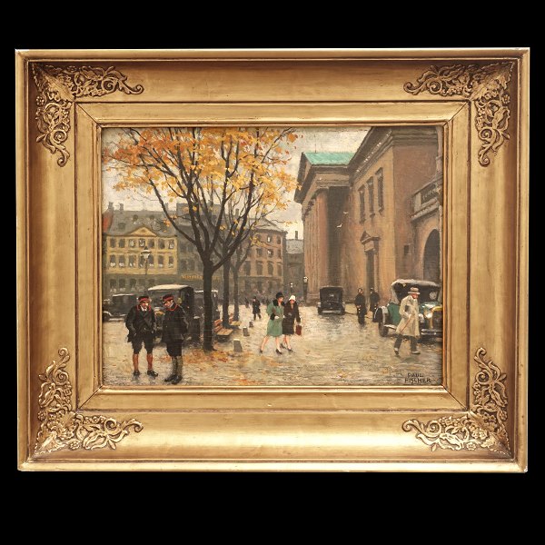Paul Fischer, 1860-1934, oil on wood. Streetlife, Copenhagen. Signed Paul 
Fischer. Visible size: 24x32cm. With frame: 38x46cm