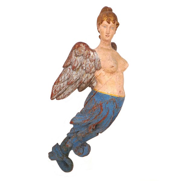 Large woodcut figurehead in the shape of a mermaid with wings. Northern Europe 
circa 1850. H: 135cm