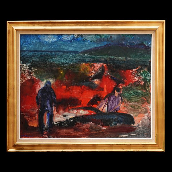 Samuel Joensen-Mikines, maleri. Samuel Joensen-Mikines, 1906-79, olie på lærred. 
Grindedrab, Færøerne. Signeret  S. J. Mikines. Lysmål: 79x99cm. Med ramme: 
99x119cm