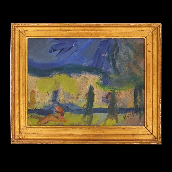 Erik Hoppe, 1896-1968, oil on canvas. Landscape, Copenhagen. Signed Hoppe. 
Visible size: 26x33cm. With frame: 35x42cm