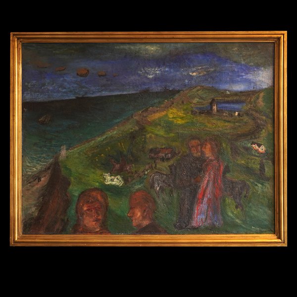 Jens Søndergaard, 1895-1957, Öl auf Leinen. Menschen und Häuser am Meer signiert 
und datiert 1928. Lichtmasse: 90x118cm. Mit Rahmen: 101x129cm