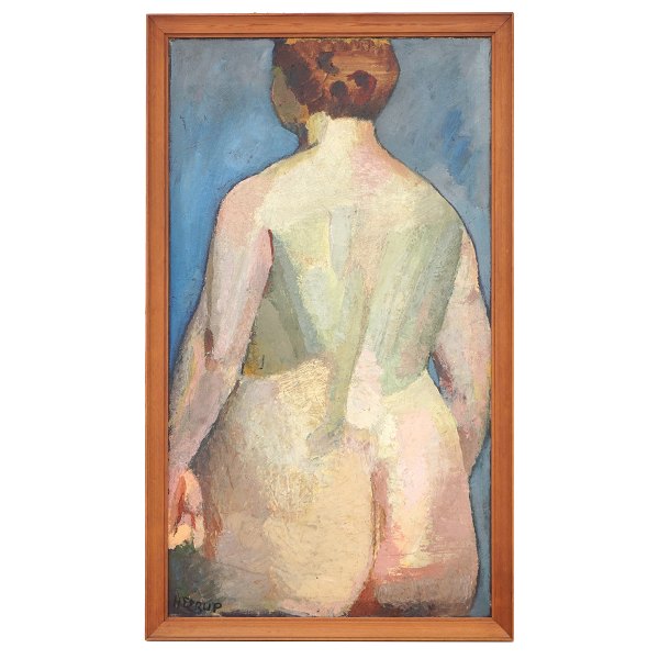 Henry Heerup painting.
Henry Heerup, 1907-93, oil on canvas.
Study of a standing female model.
Signed Heerup.
Exhibited at Kunstforeningen, Copenhagen, 1987. 
Probably from the 1930s.
Visible size: 109x59cm. With frame: 118x68cm