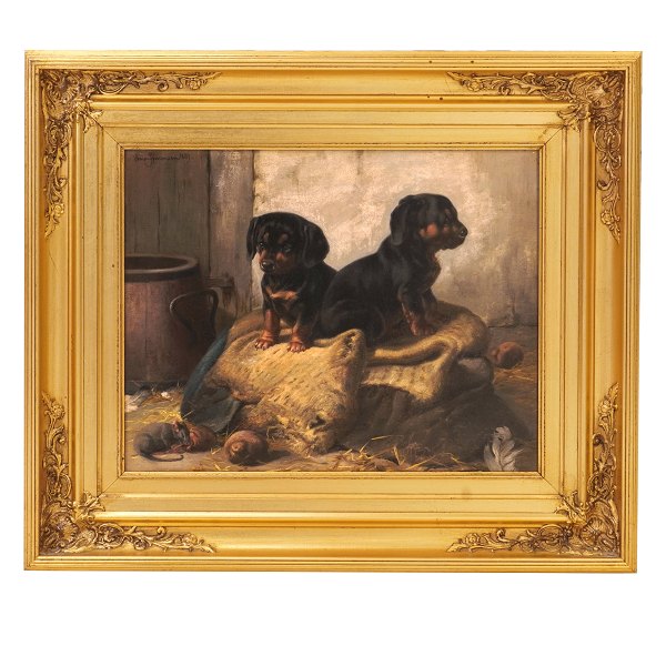 Simon Simonsen gravhunde. Simon Simonsen, 1841-1928, olie på lærred. Motiv i 
form af to gravhunde. Signeret og dateret 1889. Lysmål: 31x39cm. Med ramme: 
50x58cm