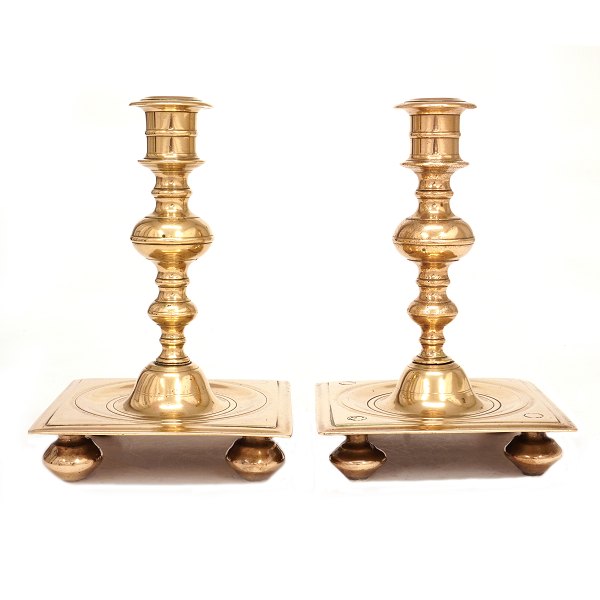 Pair of very large Danish Baroque brass "castle" candlesticks. Denmark circa 
1750. H: 26cm