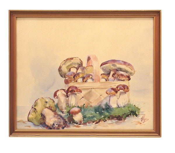 Grand Duchess Olga Alexandrovna of Russia: Stilleben with mushrooms. 
Watercolour. Signed. Circa 1930. Visible size: 33x40cm. With frame: 37x44cm