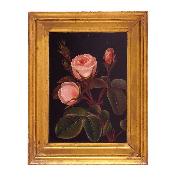 Blomsterstilleben med lyserøde roser. Udført af I. L. Jensens Skole ca. år 1830. 
Lysmål: 20x14cm. med ramme: 27x21cm