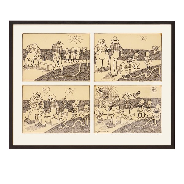 Storm P. Tegning. Robert Storm Petersen, 1882-1949, blyant og tusch. Fire 
originaltegninger bragt i "Verden og Vi" 1913-16, hvor "De Tre Små Mænd" og 
"Nummermanden" blev introduceret. Hver tegning måler ca. 20x27cm. Mål med ramme: 
52x65cm