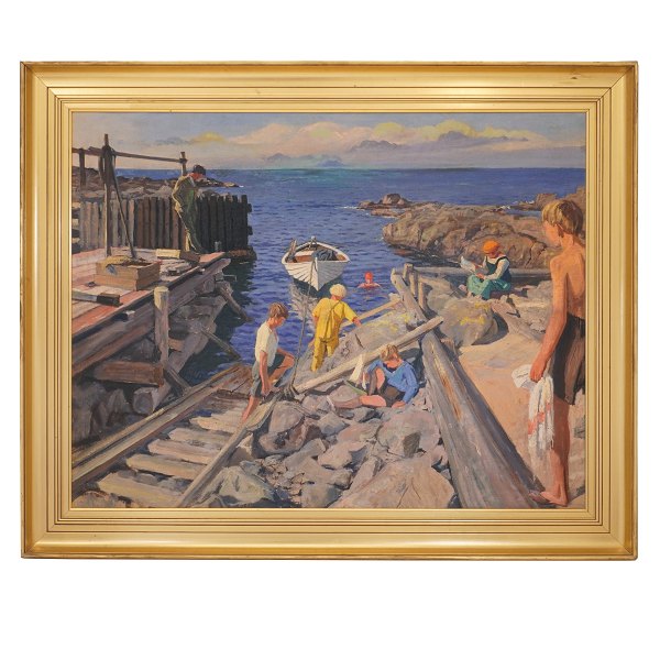 Erik William Johnsen, 1886-1948, olie på lærred. Stort sommermotiv fra Bornholm. 
Signeret. Lysmål: 93x120cm. Med ramme: 110x137cm