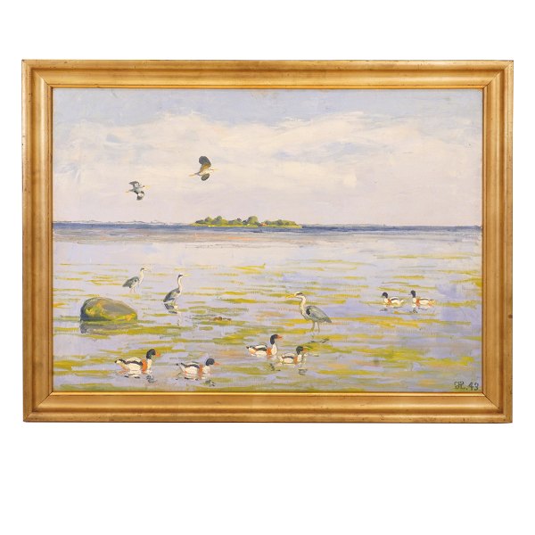 Johannes Larsen maleri. Johannes Larsen, 1867-1961, olie på lærred. Gravænder og 
hejrer. Signeret 1943. Lysmål: 59x83cm. Med ramme: 70x94cm