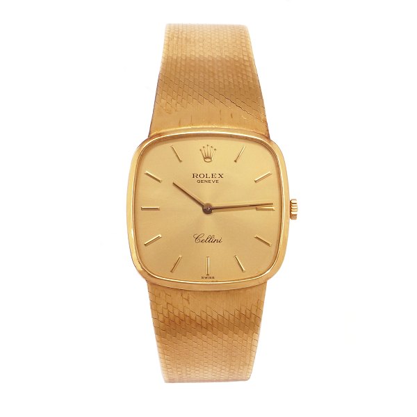 Rolex Cellini model 4114 i 18kt guld. Fuldt sæt med købskvittering, certifikat dateret 28.11.85 og forsikringsvurdering fra Klarlund. Kassemål: 30x30mm