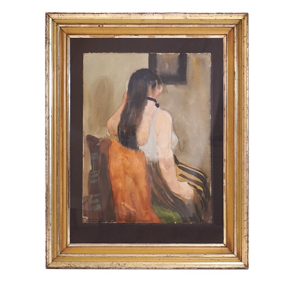 Carl Fischer, 1887-1962, akvarel. Motiv i form af siddende rygvendt kvinde. Signeret og dateret 1947. Lysmål: 52x39cm. Med ramme: 77x61cm